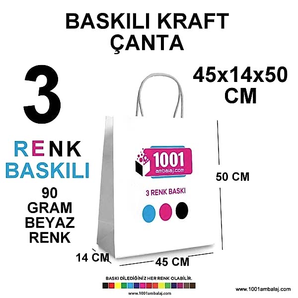 3 Renk Baskılı 45X14X50 Cm 90 Gr Kraft kağıt Çanta Beyaz Renk