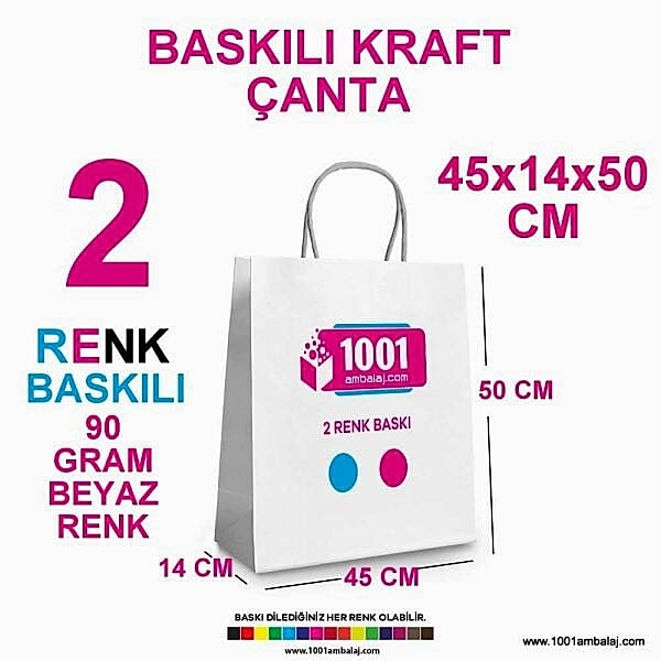 2 Renk Baskılı 45X14X50 Cm 90 Gr Kraft kağıt Çanta Beyaz Renk