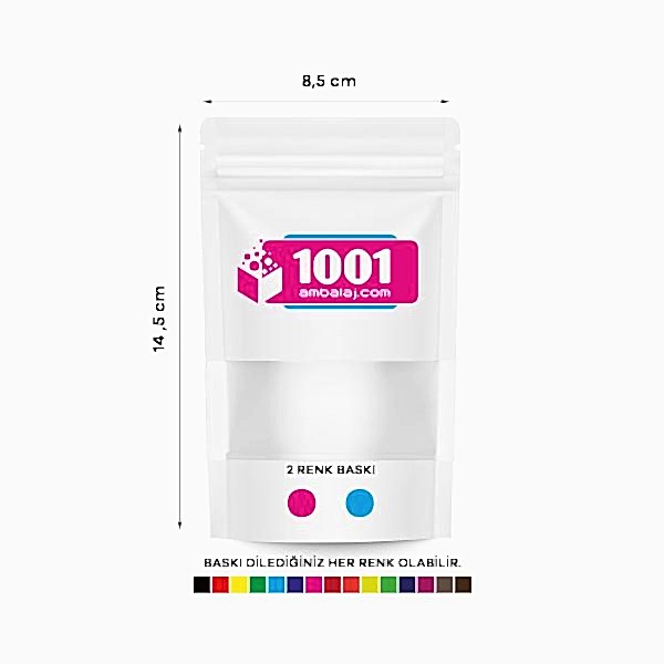 8,5X14,5 Cm 2 Baskılı Beyaz Renk Pencereli Tek Taraf İki Renk Doypack Torba 50 Gr /08/