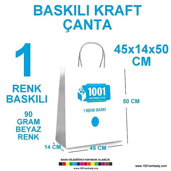 1 Renk Baskılı 45X14X50 Cm 90 Gr Kraft kağıt Çanta Beyaz Renk