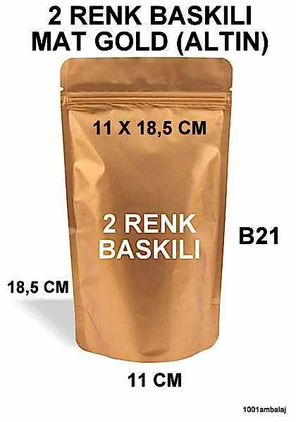 11X18,5 Cm 2 Baskılı Mat Gold ( Altın Renkli ) İki Taraf Tek Renk Doypack Torba 100 Gr /25/