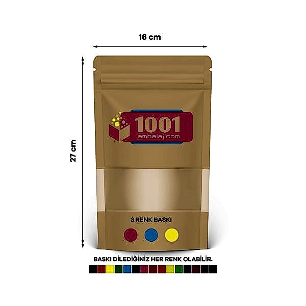 16X27 Cm 3 Baskılı Kraft Renkli Pencereli Tek Taraf Üç Renk Doypack Torba 500 Gr /40/