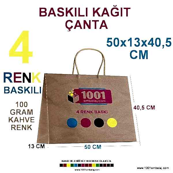 4 Renk Baskılı 50X13X40,5 Cm 100 Gr Kraft kağıt Çanta Kahve Renk