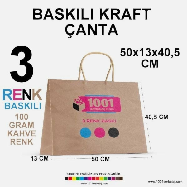 3 Renk Baskılı 50X13X40,5 Cm 100 Gr Kraft kağıt Çanta Kahve Renk