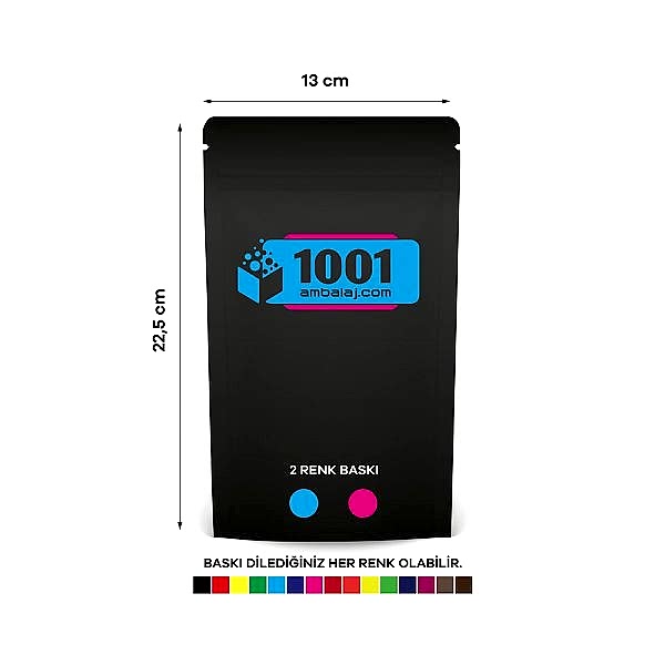 13X22,5 Cm 2 Baskılı Mat Siyah Renkli Tek Taraf İki Renk Doypack Torba 250 Gr /67/