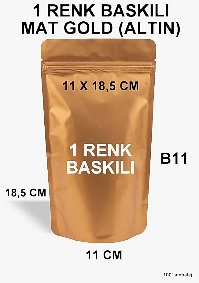 11X18,5 Cm 1 Baskılı Mat Gold ( Altın Renkli ) Tek Taraf Tek Renk Doypack Torba 100 Gr /25/
