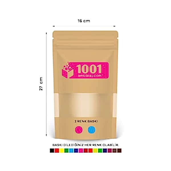 16X27 Cm 2 Baskılı Kraft Renkli Pencereli Tek Taraf İki Renk Doypack Torba 500 Gr /40/