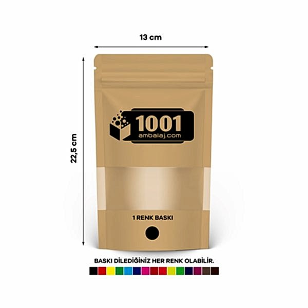 13X22,5 Cm 1 Baskılı Kraft Renkli Pencereli Tek Taraf Tek Renk Doypack Torba 250 Gr /39/