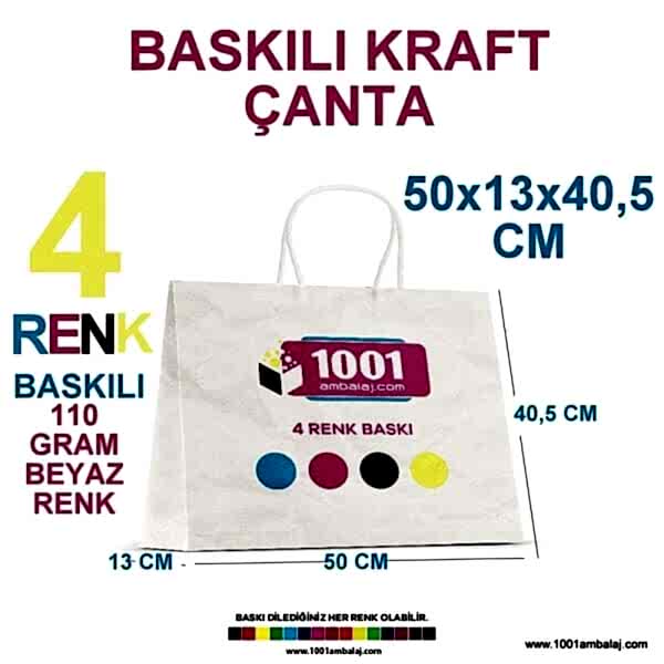 4 Renk Baskılı 50X13X40,5 Cm 110 Gr Kraft kağıt Çanta Beyaz Renk