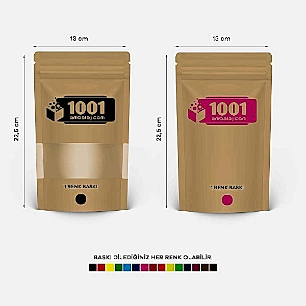 13X22,5 Cm 2 Baskılı Kraft Renkli Pencereli İki Taraf Tek Renk Doypack Torba 250 Gr /39/