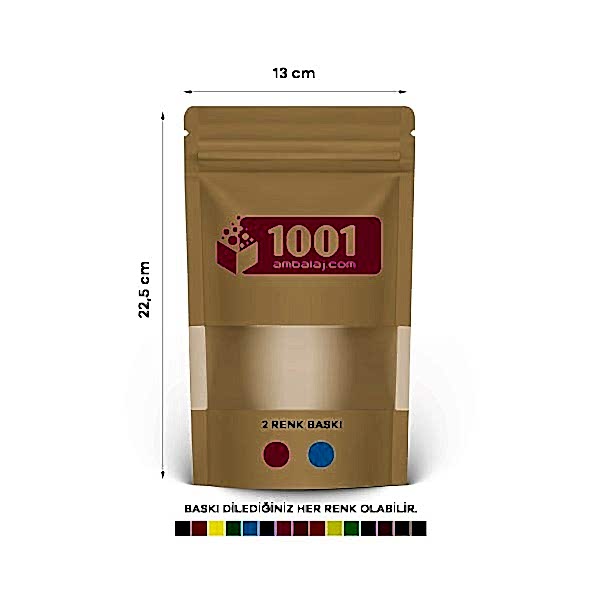 13X22,5 Cm 2 Baskılı Kraft Renkli Pencereli Tek Taraf İki Renk Doypack Torba 250 Gr /39/