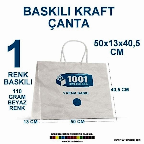 1 Renk Baskılı 50X13X40,5 Cm 110 Gr Kraft kağıt Çanta Beyaz Renk