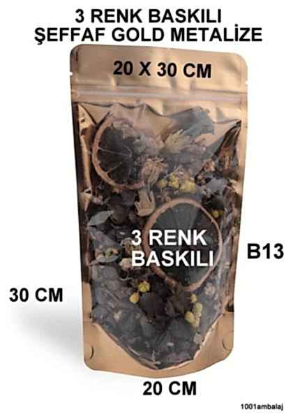 20X30 Cm 3 Baskılı Ön Şeffaf Arka Gold Metalize Renk Tek Taraf Üç Renk Doypack Torba 1000 Gr /52/