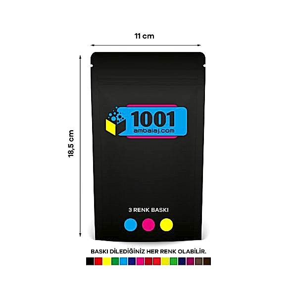 11X18,5 Cm 3 Baskılı Mat Siyah Renkli Tek Taraf Üç Renk Doypack Torba 100 Gr /66/