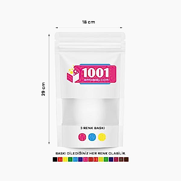 18X29 Cm 3 Baskılı Beyaz Renkli Pencereli Tek Taraf Üç Renk Doypack Torba 750 Gr /12/