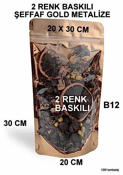 20X30 Cm 2 Baskılı Ön Şeffaf Arka Gold Metalize Renk Tek Taraf İki Renk Doypack Torba 1000 Gr /52/