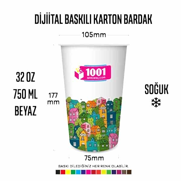 Dijital Baskılı 32 Oz Karton Bardak Tek Kat Duvarlı Beyaz Soğuk