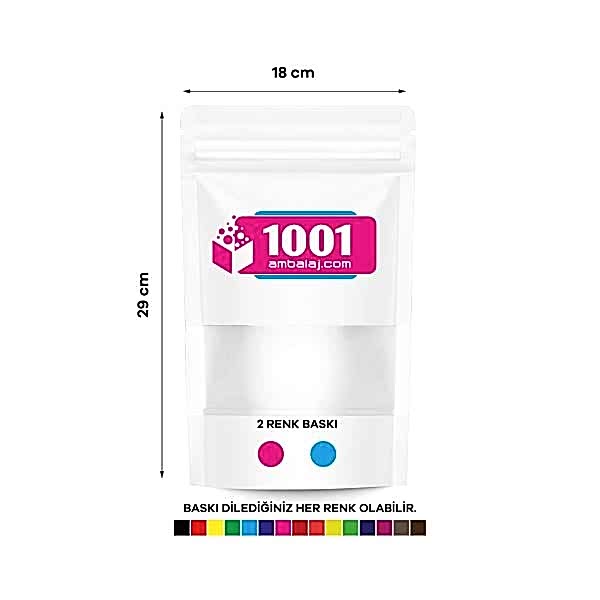 18X29 Cm 2 Baskılı Beyaz Renkli Pencereli Tek Taraf İki Renk Doypack Torba 750 Gr /12/