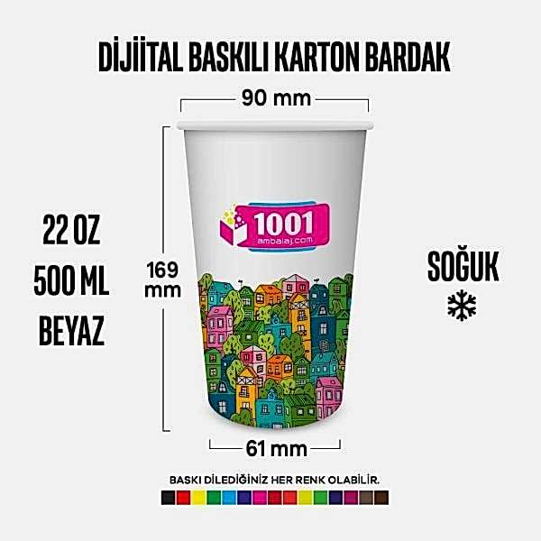 Dijital Baskılı 22 Oz Karton Bardak Tek Kat Duvarlı Beyaz Soğuk