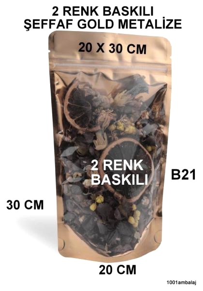 20X30 Cm 2 Baskılı Ön Şeffaf Arka Gold Metalize Renk İki Taraf Tek Renk Doypack Torba 1000 Gr /52/