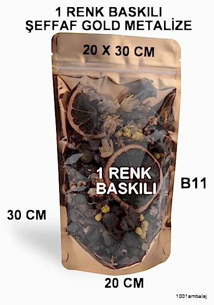 20X30 Cm 1 Baskılı Ön Şeffaf Arka Gold Metalize Renk Tek Taraf Tek Renk Doypack Torba 1000 Gr /52/