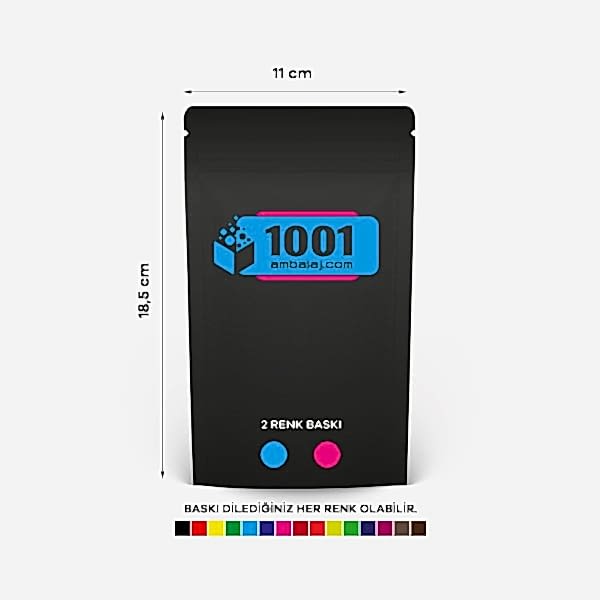 11X18,5 Cm 2 Baskılı Mat Siyah Renkli Tek Taraf İki Renk Doypack Torba 100 Gr /66/