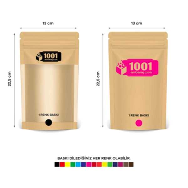 13X22,5 Cm 2 Baskılı Kraft Renkli Geniş Pencereli İki Taraf Tek Renk Doypack Torba 250 Gr /45/