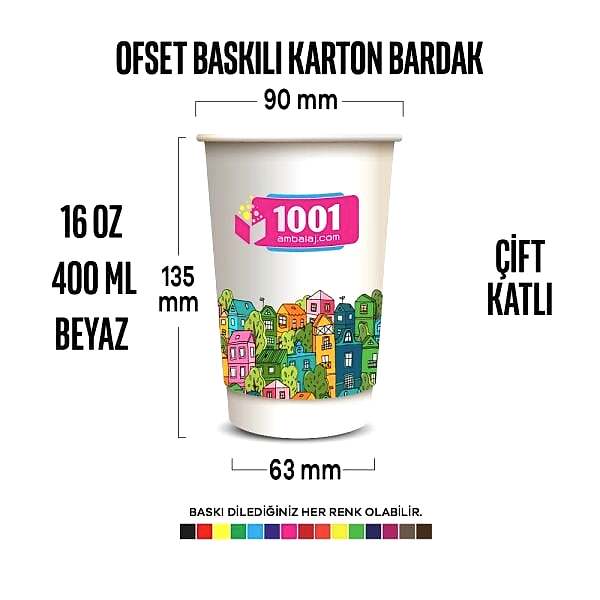 Ofset Baskılı 16 Oz Karton Bardak Çift Kat Duvarlı Beyaz Sicak Soğuk