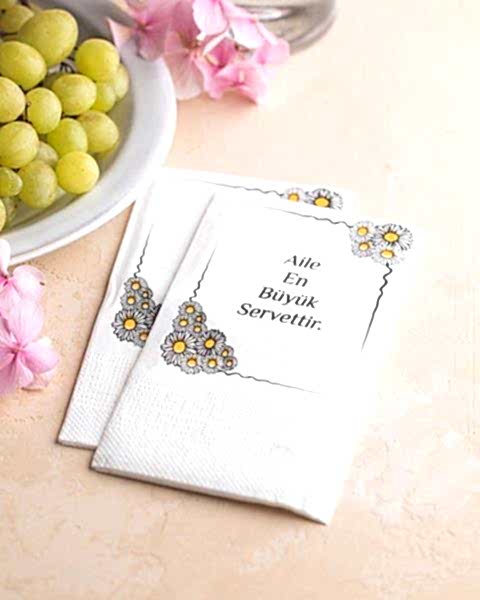Baskılı Peçete 40X40 Cm 1-2-3 Renk Baskılı Çift Kat Beyaz Kitap Katlama Cepli Peçete