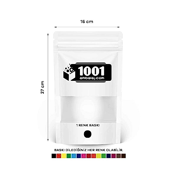 16X27 Cm 1 Baskılı Beyaz Renkli Pencereli Tek Taraf Tek Renk Doypack Torba 500 Gr /11/