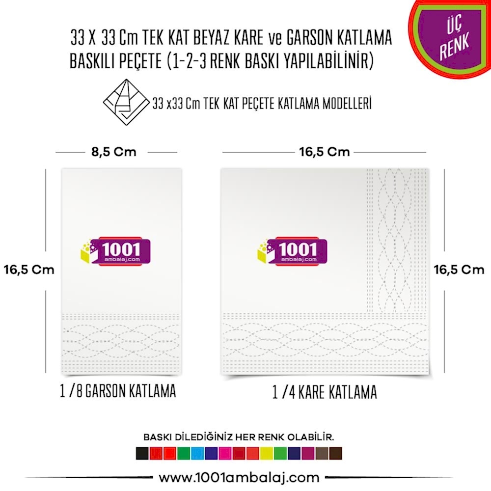 Baskılı Peçete 33X33 Cm 1-2-3 Renk Baskılı Tek Kat Beyaz Kare Ve Garson Katlama Peçete