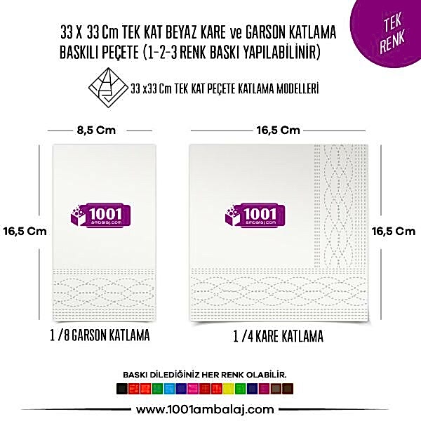 Baskılı Peçete 33X33 Cm 1-2-3 Renk Baskılı Tek Kat Beyaz Kare Ve Garson Katlama Peçete