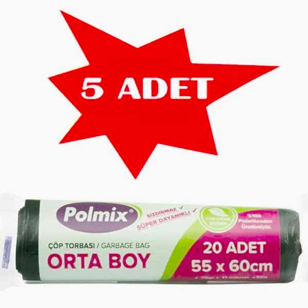 Çöp Torbası Polmix Orta Boy 70 Gram 55X60 Siyah 5 Paket