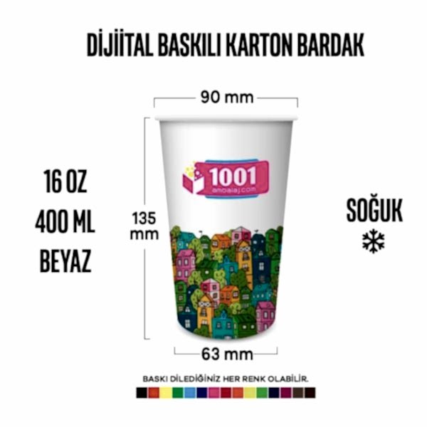 Dijital Baskılı 16 Oz Karton Bardak Tek Kat Duvarlı Beyaz Sicak Soguk
