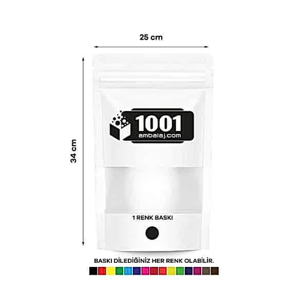 25X34 Cm 1 Baskılı Beyaz Renkli Pencereli Tek Taraf Tek Renk Doypack Torba 1500 Gr /14/