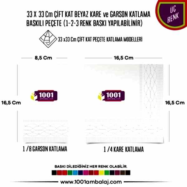 Baskılı Peçete 33X33 Cm 1-2-3 Renk Baskılı Çift Kat Beyaz Kare Ve Garson Katlama Peçete