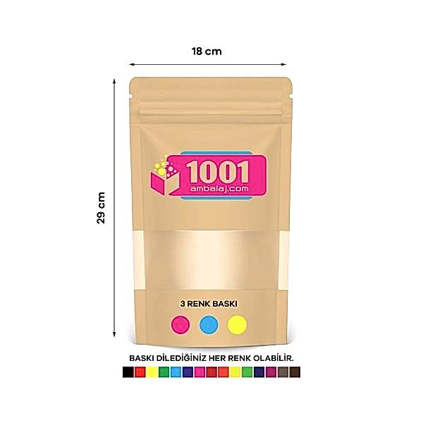 18X29 Cm 3 Baskılı Kraft Renkli Pencereli Tek Taraf Üç Renk Doypack Torba 750 Gr /41/