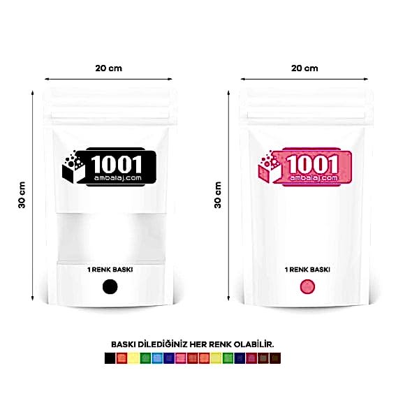 20X30 Cm 2 Baskılı Beyaz Renkli Pencereli İki Taraf Tek Renk Doypack Torba 1000 Gr /13/