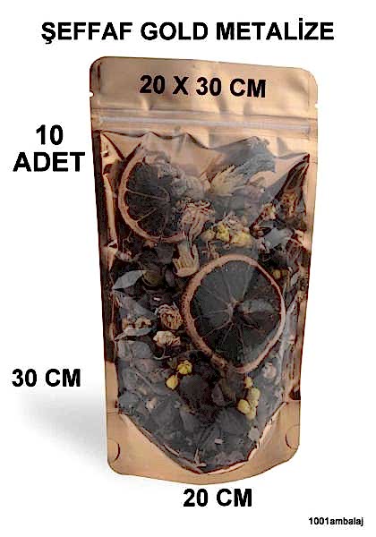 20X30 Cm Ön Şeffaf Arka Gold Metalize Renk ** 10 Adet ** Kilitli Doypack Torba 1000 Gr /52/