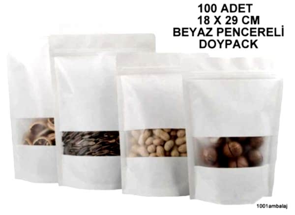 18X29 Cm Beyaz Renk Pencereli (100 Adet) Kilitli Doypack Torba 750 Gr /12/