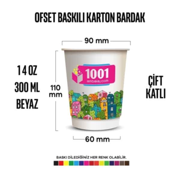 Ofset Baskılı 14 Oz Karton Bardak Çift Kat Duvarlı Beyaz Sicak Soğuk