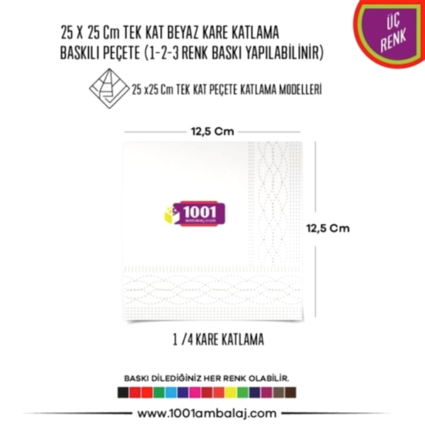 Baskılı Peçete 25X25 Cm 1-2-3 Renk Baskılı Tek Kat Beyaz Kare Katlama Peçete
