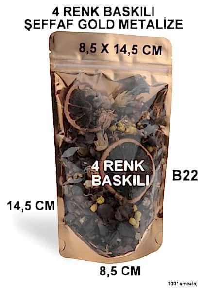8,5X14,5 Cm 4 Baskılı Ön Şeffaf Arka Gold Metalize Renk İki Taraf İki Renk Doypack Torba 50 Gr /48/