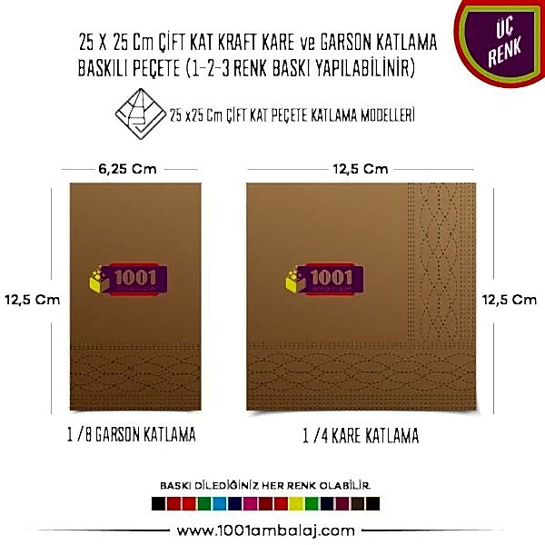 Baskılı Peçete 25X25 Cm 1-2-3 Renk Baskılı Çift Kat Kraft Kare Ve Garson Katlama Peçete