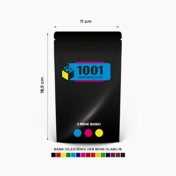 11X18,5 Cm 3 Baskılı Siyah Renkli Tek Taraf Üç Renk Doypack Torba 100 Gr /62/