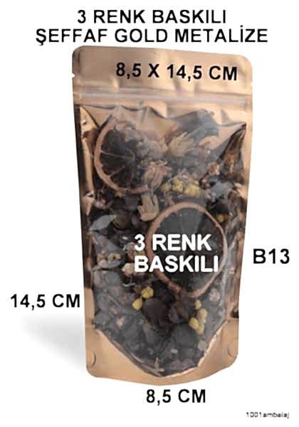 8,5X14,5 Cm 3 Baskılı Ön Şeffaf Arka Gold Metalize Renk Tek Taraf Üç Renk Doypack Torba 50 Gr /48/