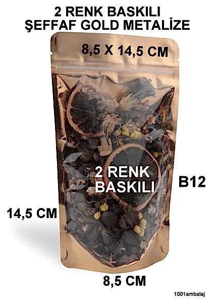 8,5X14,5 Cm 2 Baskılı Ön Şeffaf Arka Gold Metalize Renk Tek Taraf İki Renk Doypack Torba 50 Gr /48/