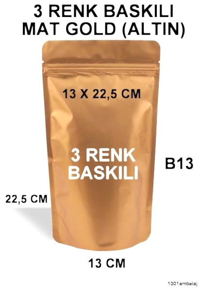 13X22,5 Cm 3 Baskılı Mat Gold ( Altın Renkli ) Tek Taraf Üç Renk Doypack Torba 250 Gr /26/