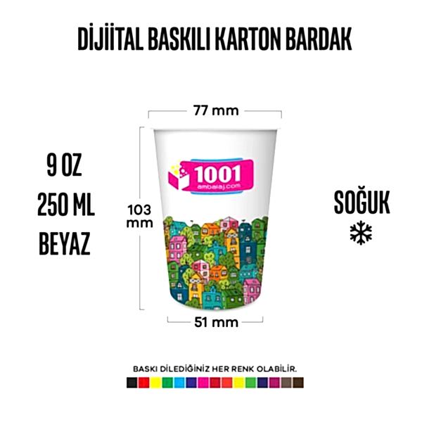 Dijital Baskılı 9 Oz Karton Bardak Tek Kat Duvarlı Beyaz Soğuk
