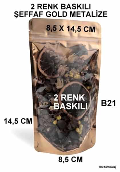 8,5X14,5 Cm 2 Baskılı Ön Şeffaf Arka Gold Metalize Renk İki Taraf Tek Renk Doypack Torba 50 Gr /48/